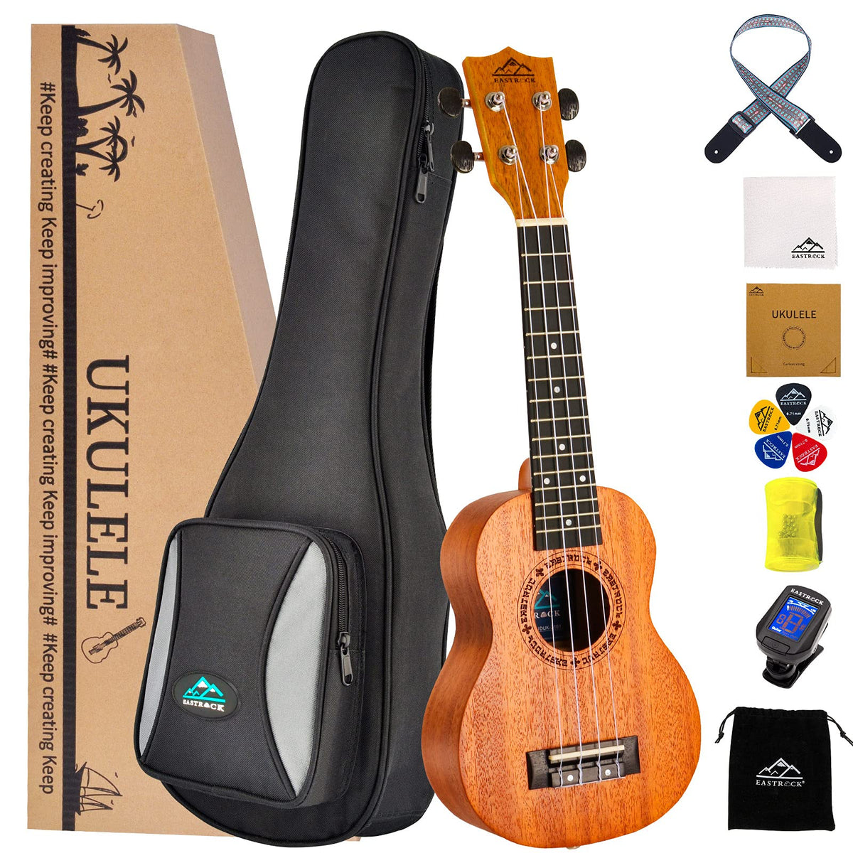 EASTROCK Soprano Ukulele 21 inch Mahogany Beginners Kit