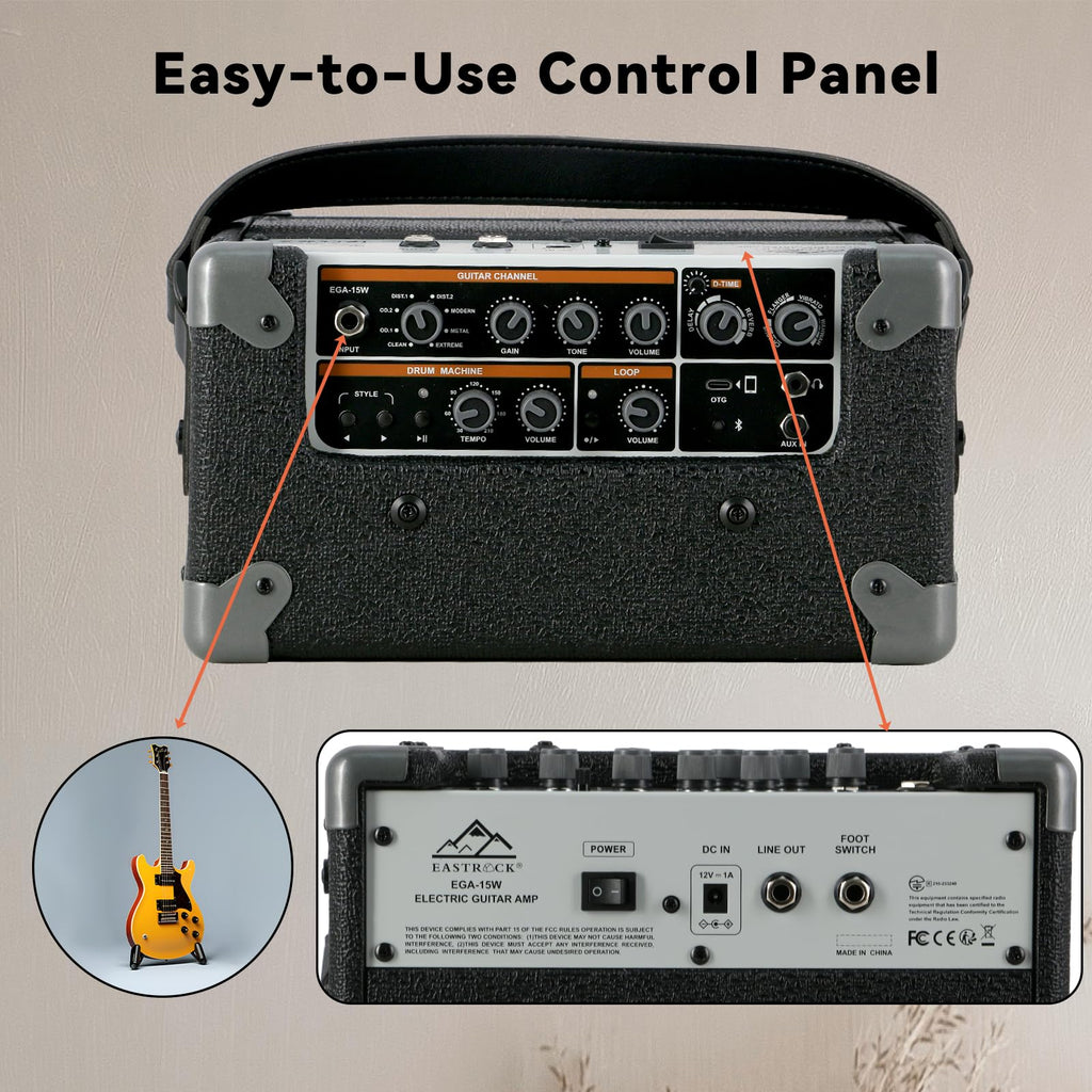 EASTROCK 15W Electric Guitar Amp, EGA-15W Portable Guitar Amplifier with Bluetooth, Built-in Looper & Drum Machine Speaker, AUX/OTG/Headphone, 8 Voices, FX Effects-Black