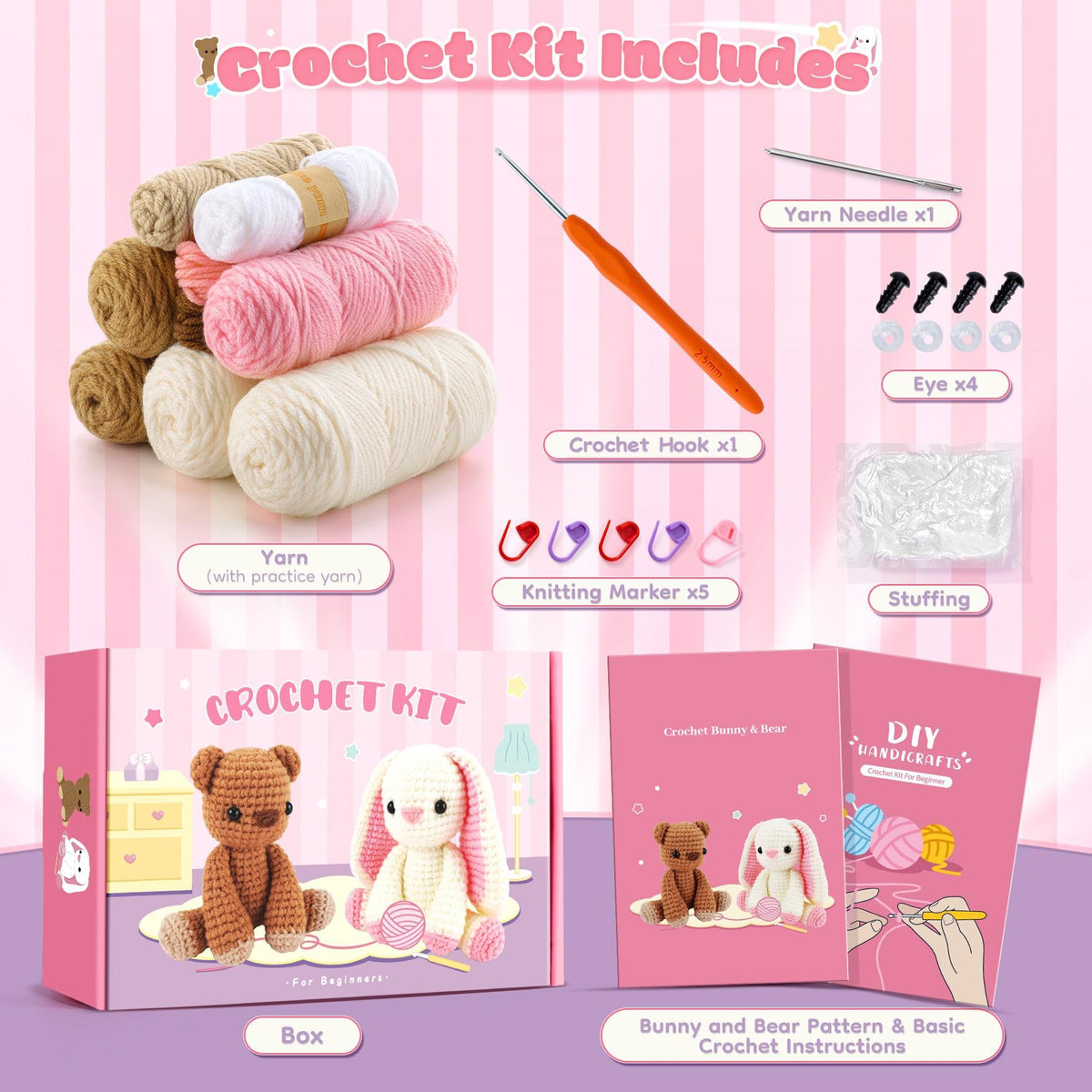 Bunny and Bear Crochet Kit for Beginners 2PCS Crochet Starter Kit for Adult