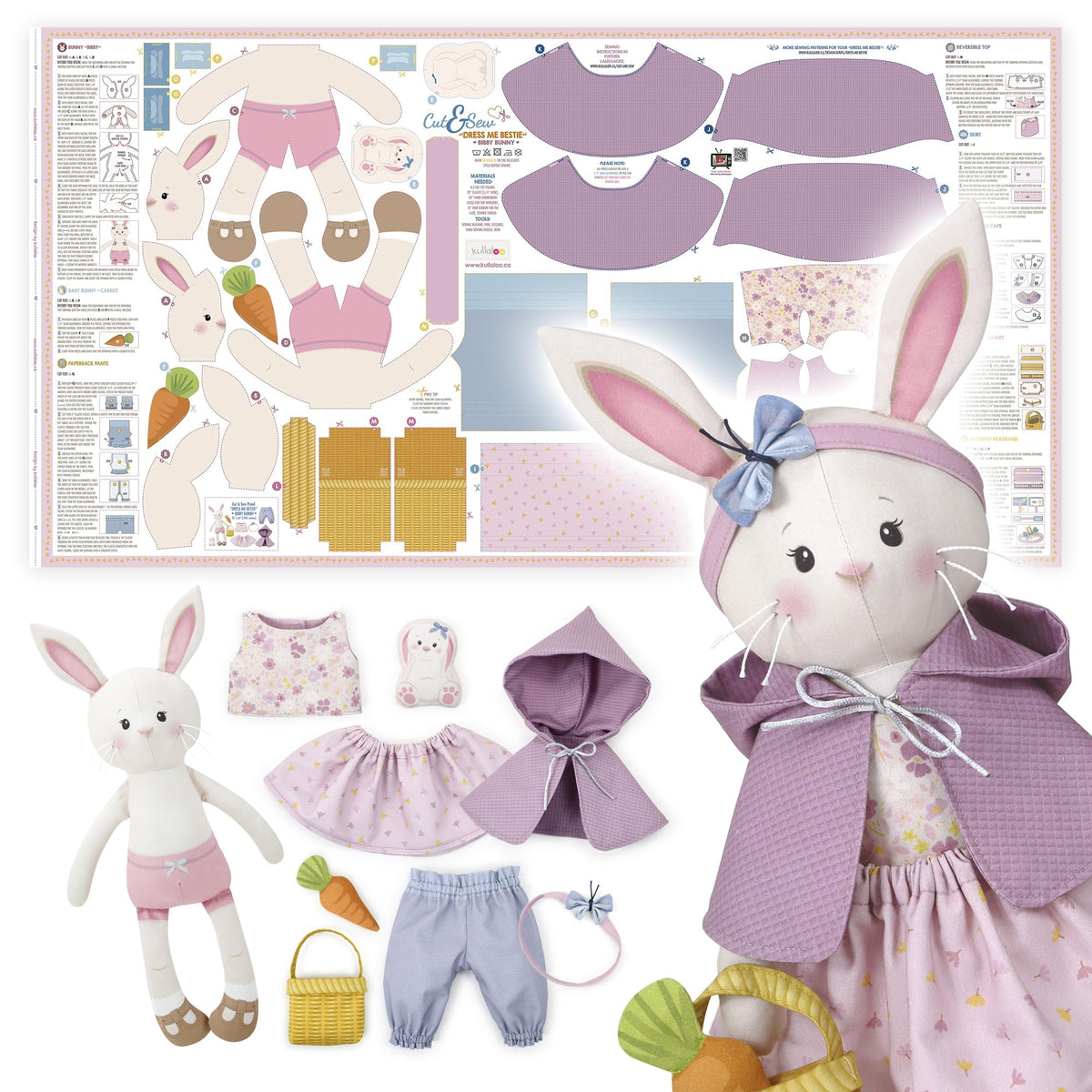 kullaloo - Cut & Sew Fabric Panel for Intermediate Skills - with Video Instructions - Doll Sewing Panel Doll with Clothes: Dress Me Bestie Bibby Bunny