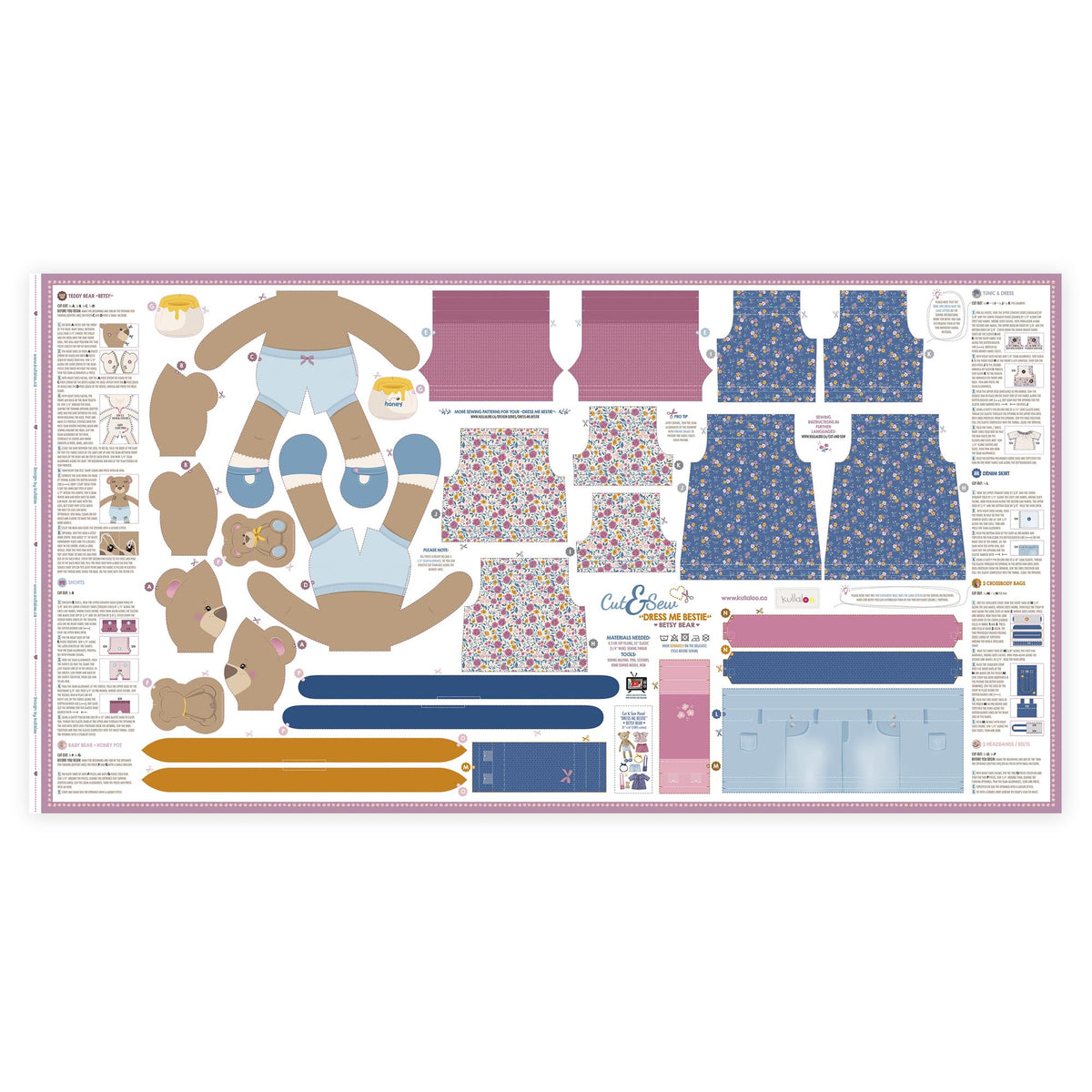 kullaloo – Cut & Sew Fabric Panel – Pre-Printed Patterns on Cotton Fabric – Rag Doll Sewing Kit with Clothes – Betsy Bear Doll Sewing Pattern – incl. Video Instructions