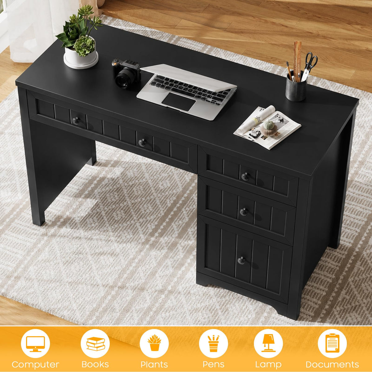 Vabches Farmhouse Desk with 4 Drawers, File Drawer, Wood Computer Desk, Pure Black