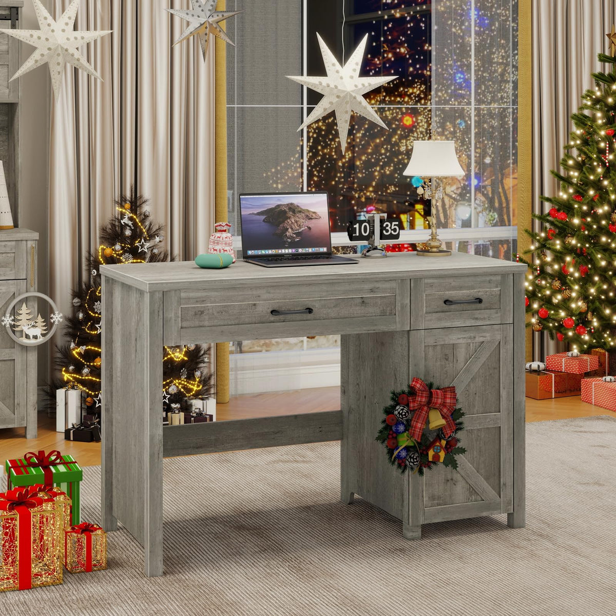 Farmhouse 47" Computer Desk with Drawers (Grey)