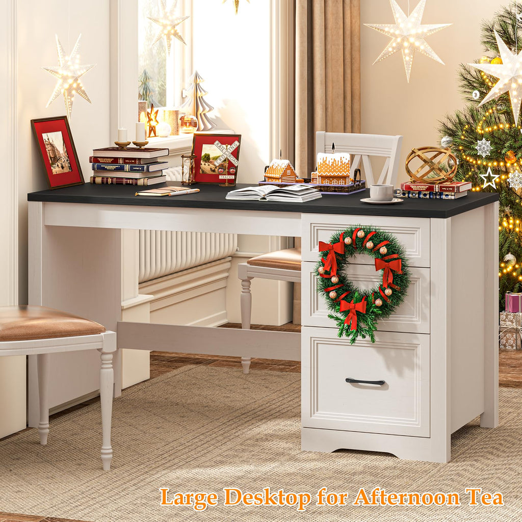 Farmhouse Desk with Drawers, File Drawer, Wood Black White