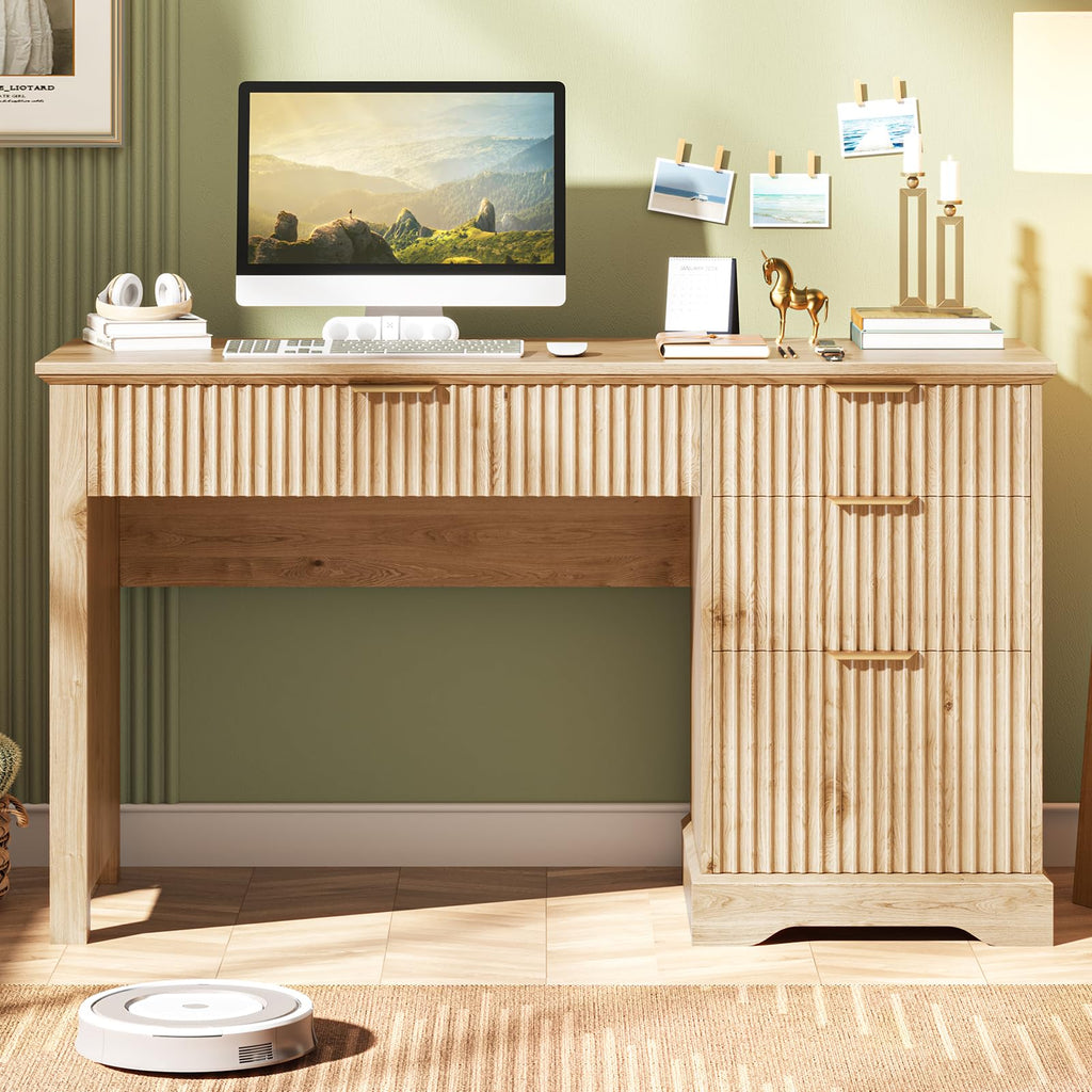 Vabches Fluted Executive Desk with File Drawer, Oak