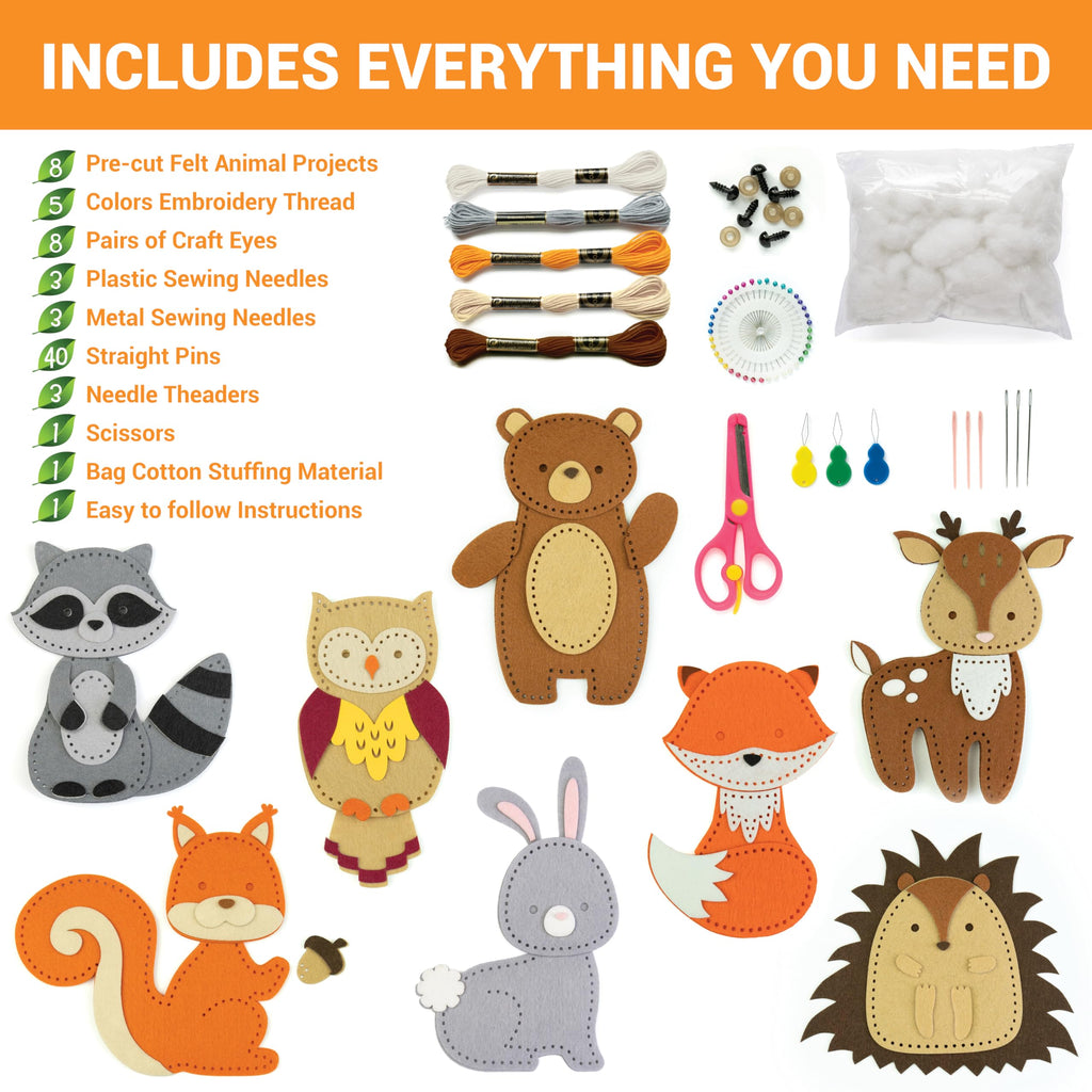 Craftorama Sewing Kit for Kids, Fun and Educational Animal Craft Set for Boys and Girls Age 7-12, Sew Your Own Felt Animals Craft Kit for Beginners, 165 Piece Set