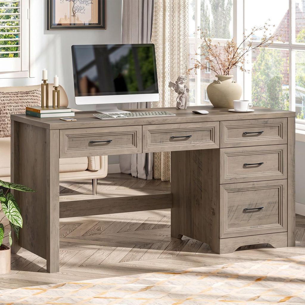 Vabches 55″ Farmhouse Desk with 5 Drawers, Pure Grey