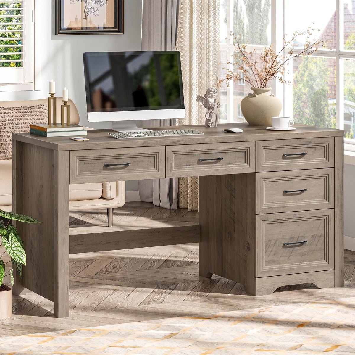 Vabches 55″ Farmhouse Desk with 5 Drawers, Pure Grey