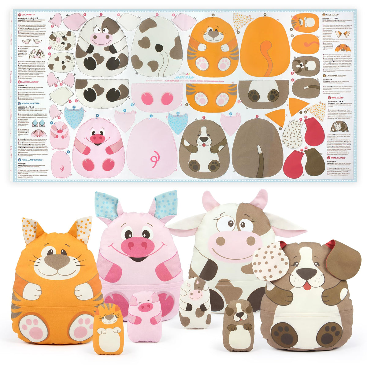 kullaloo Cut & Sew Fabric Panel – Farm Animal Sewing Kit for Beginners – DIY Craft Kit for Girls & Boys with Cow, Pig, Dog & Cat (Happy Farm)