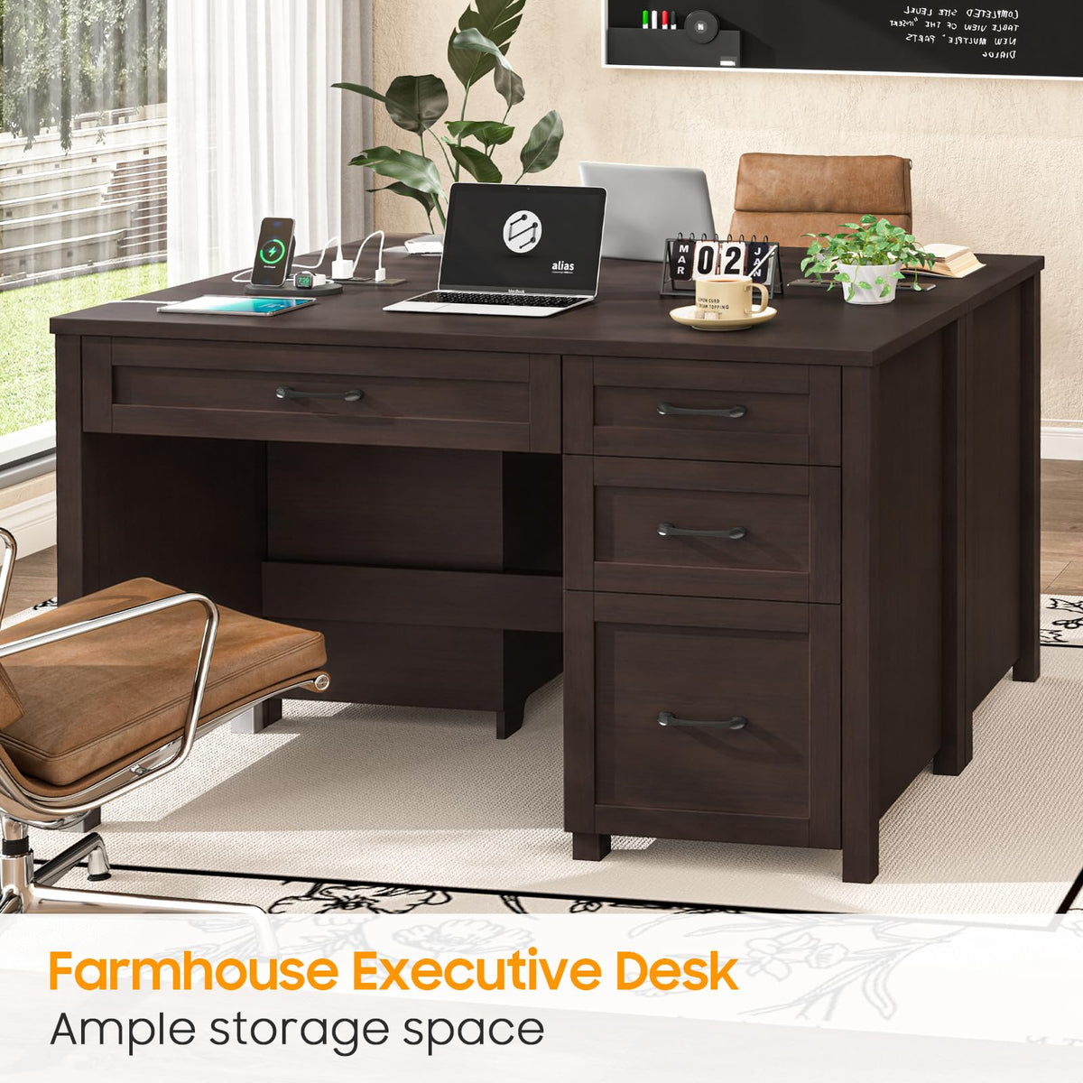 Vabches Farmhouse 47" Computer Desk with Charging Station, File Drawer, Walnut