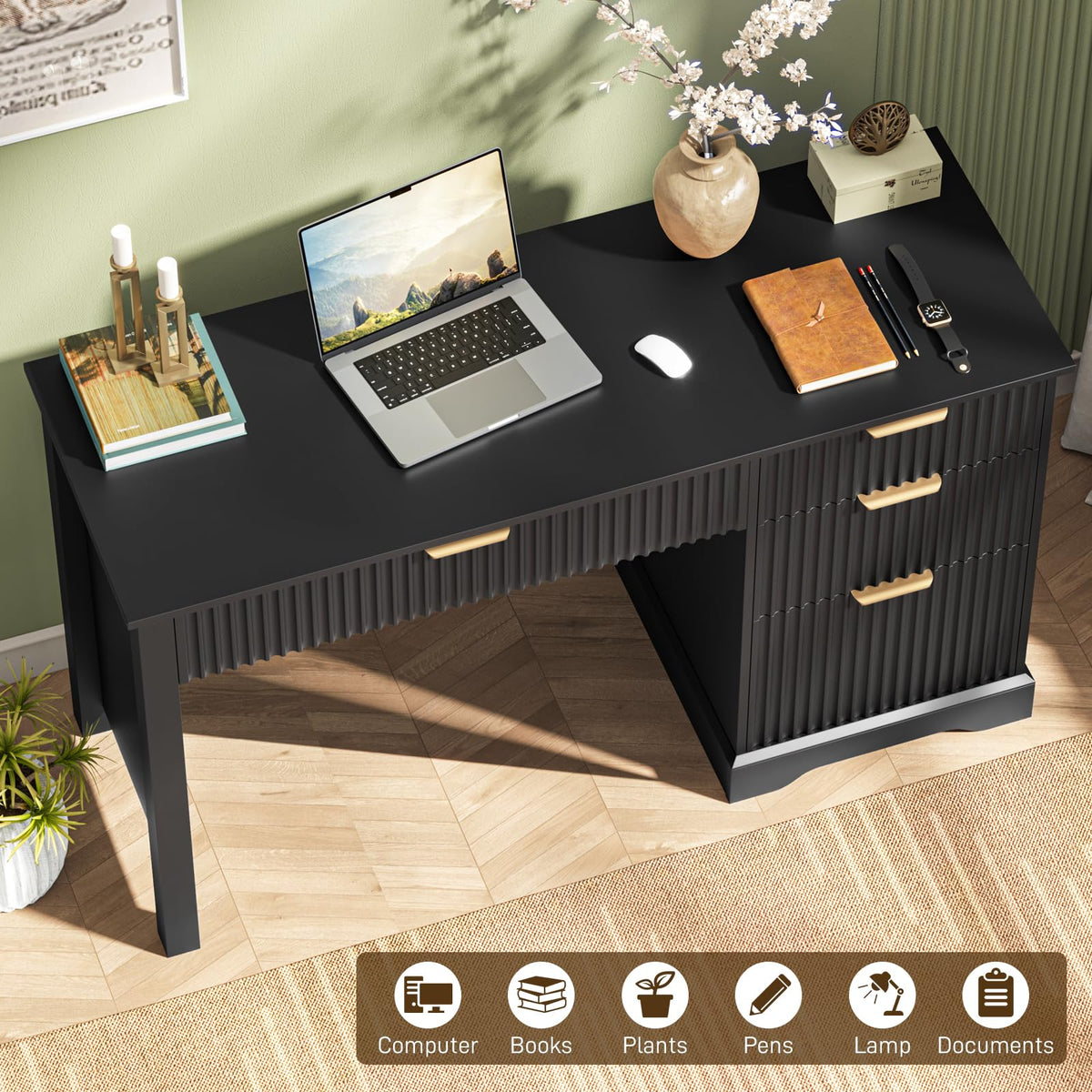 Vabches Fluted Executive Desk with Drawers, Wood Computer Desk, File Drawer, Black