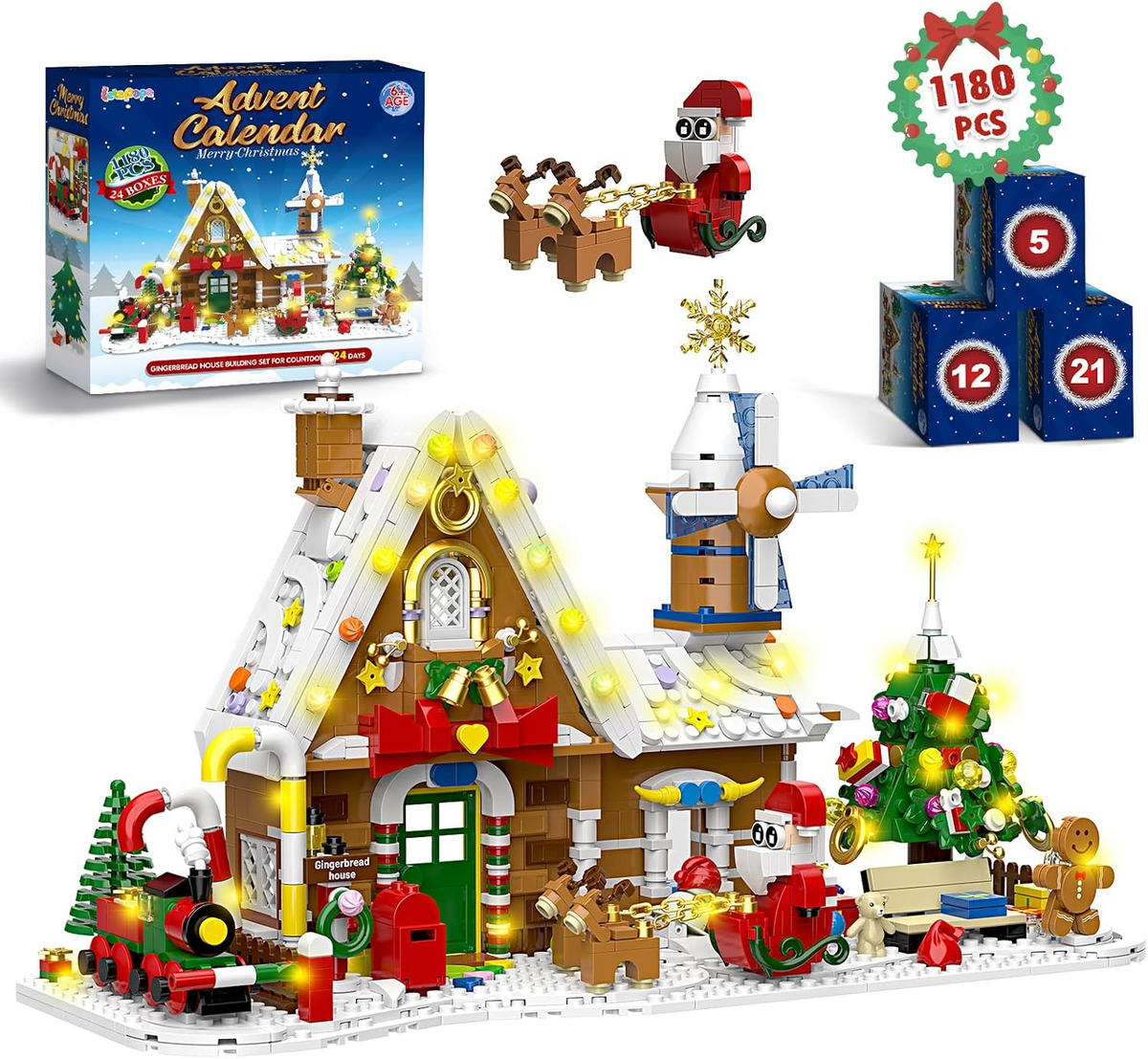 2026 Gingerbread House Advent Calendar – 1,180-Piece Educational Building Set with Lights
