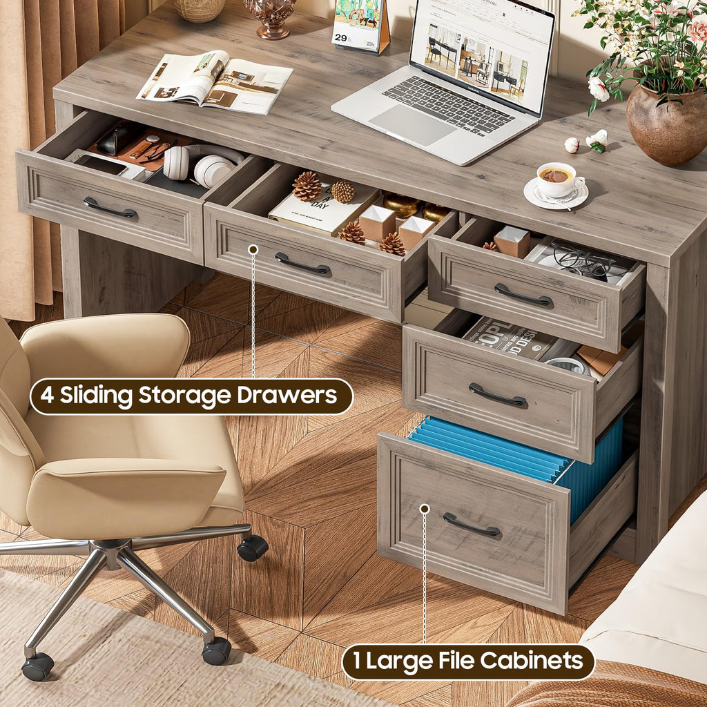 Vabches 55″ Farmhouse Desk with 5 Drawers, Pure Grey