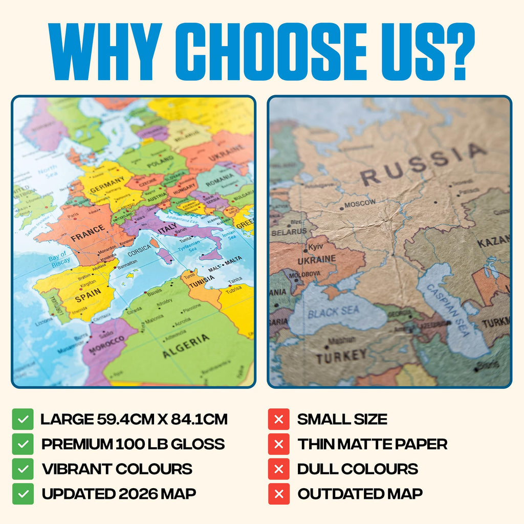 World Map Poster for Wall 24x33 in, Write On Wipe Off
