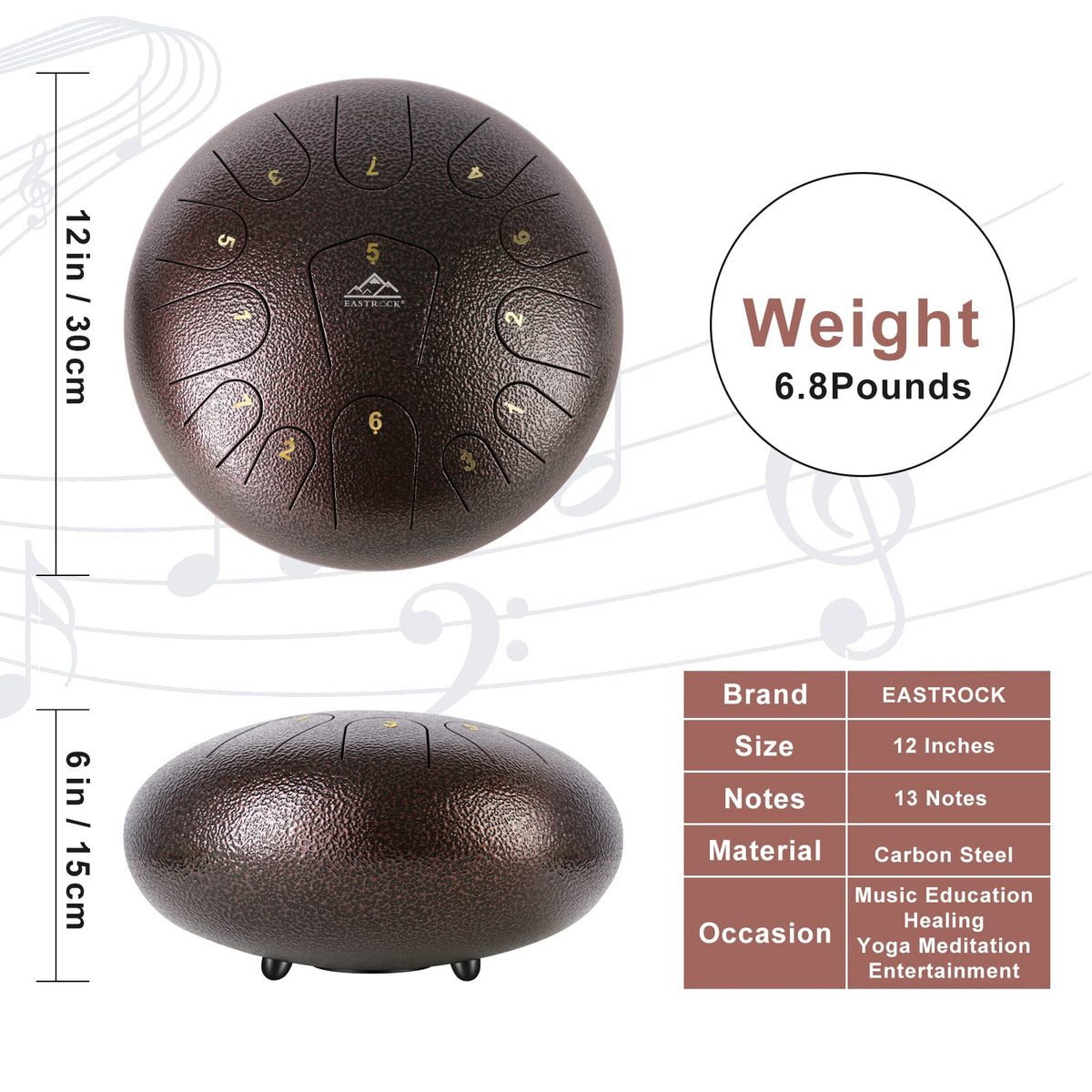 EASTROCK Steel Tongue Drum 12 Inch 13 Notes C Key, Brown