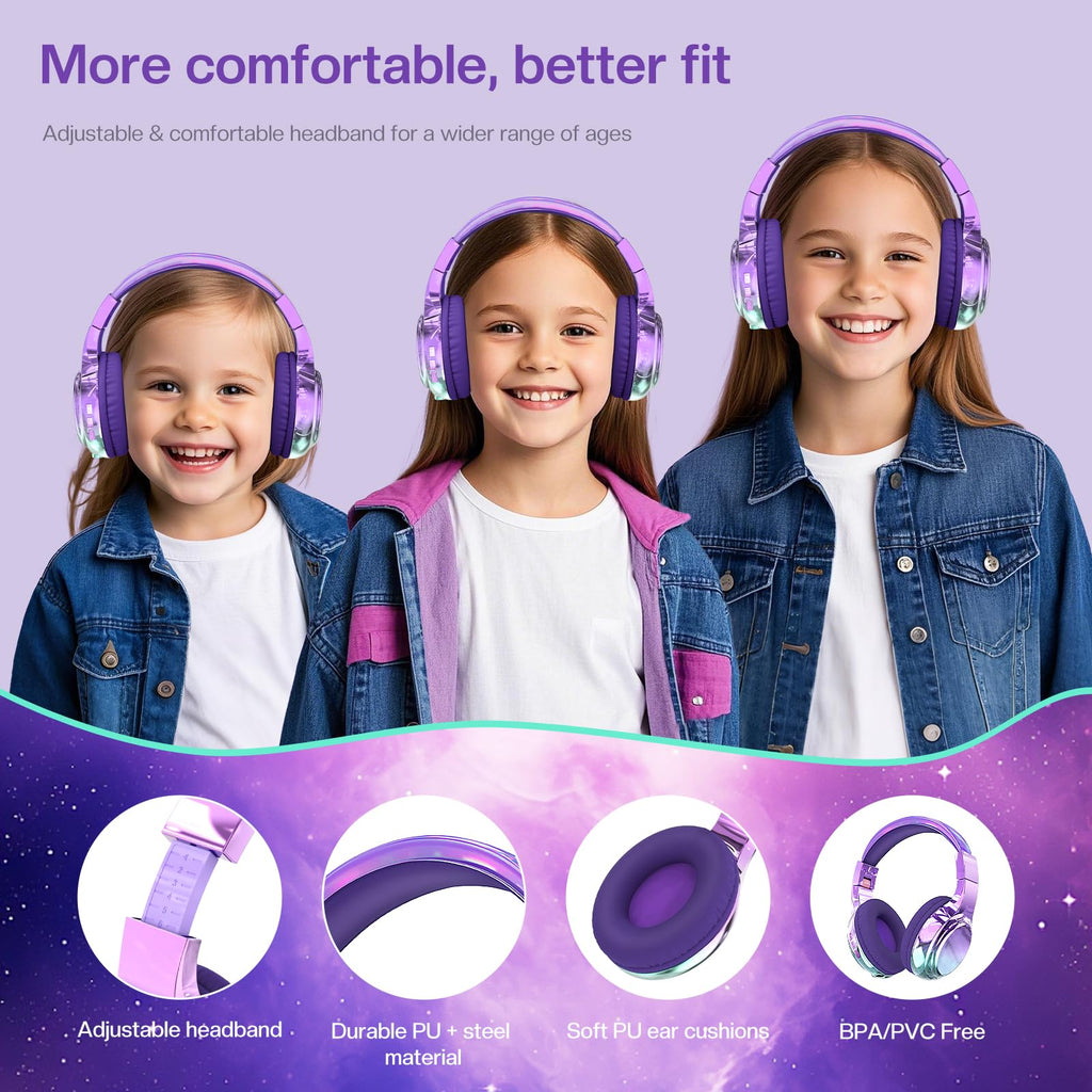 Purple Kids Bluetooth Headphones, 60H Playtime, 74/85/94dB Volume Limit
