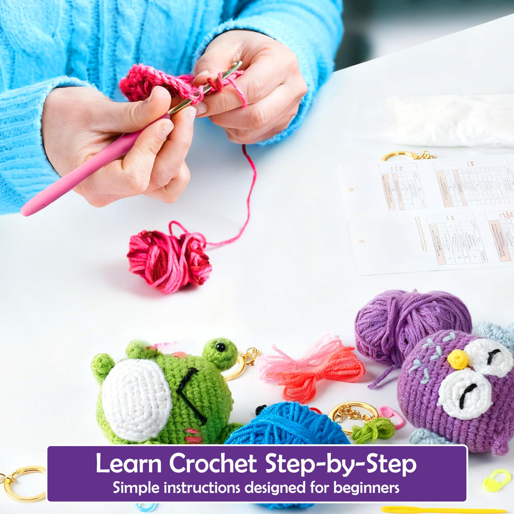 A-URA 3-in-1 Learn to Crochet Kit for Beginners Kids and Adults, Premium Pattern Sunflower, Panda Cactus, Hanging Pot Plant Beginner Crochet Kits with Easy Tube Yarn (4, Animal Pattern)