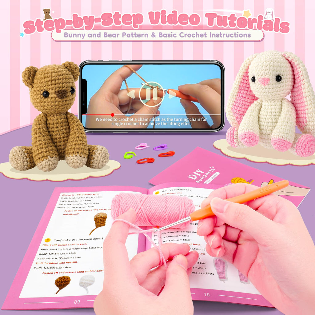 Bunny and Bear Crochet Kit for Beginners 2PCS Crochet Starter Kit for Adult