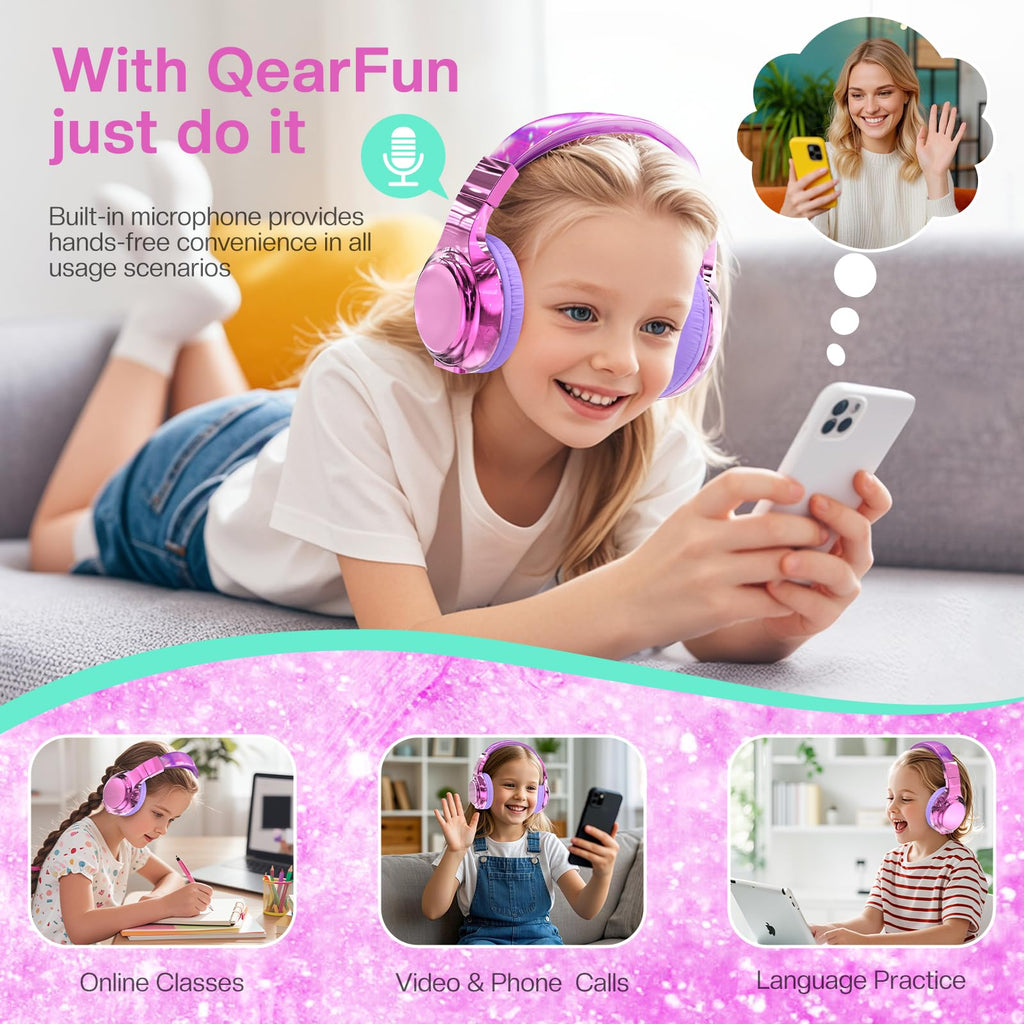 QearFun Kids Bluetooth Headphones, 60H Playtime, 74/85/94dB Volume Limit
