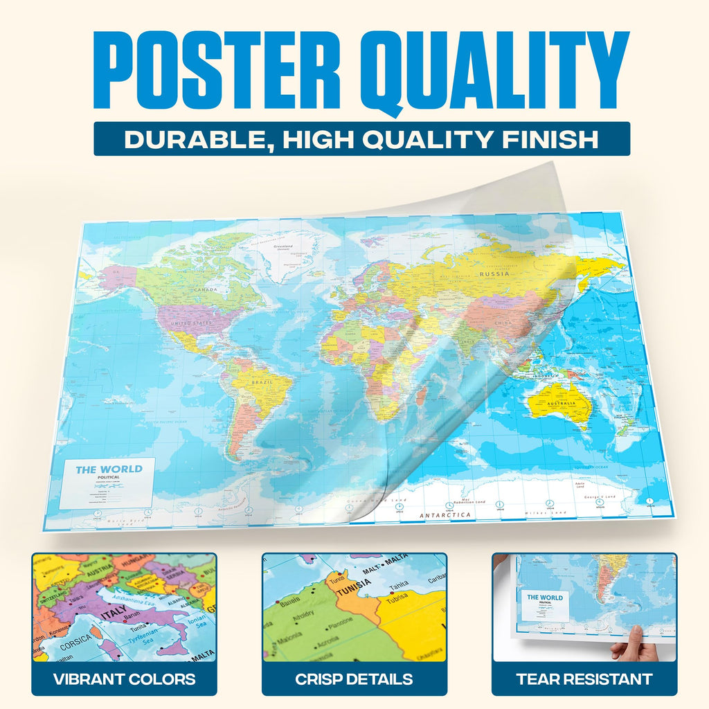 World Map Poster for Wall 24x33 in, Write On Wipe Off
