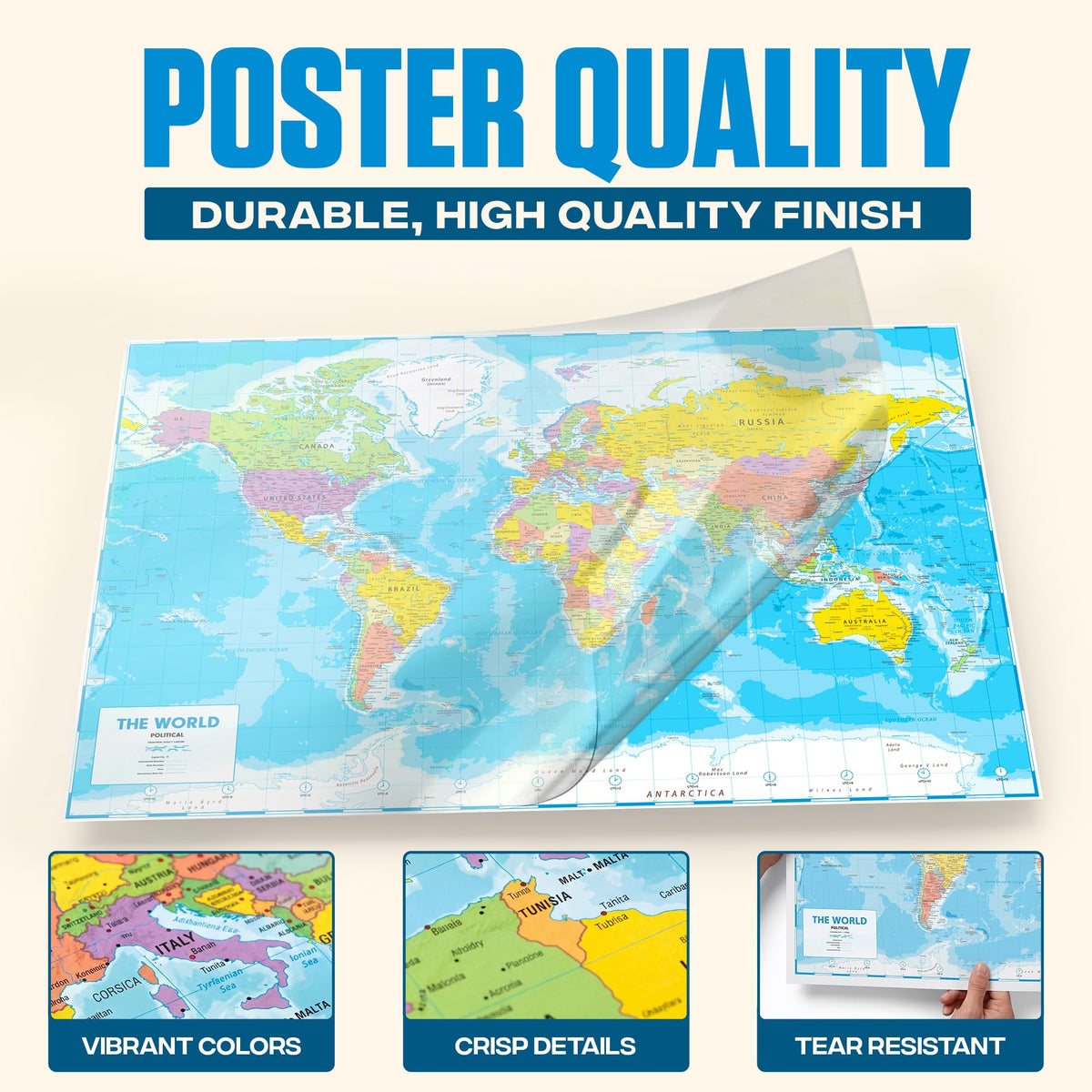 World Map Poster for Wall 24x33 in, Write On Wipe Off
