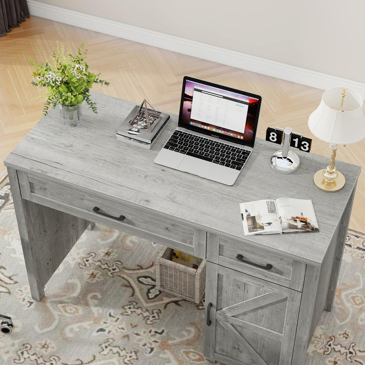 Farmhouse 47" Computer Desk with Drawers (Grey)
