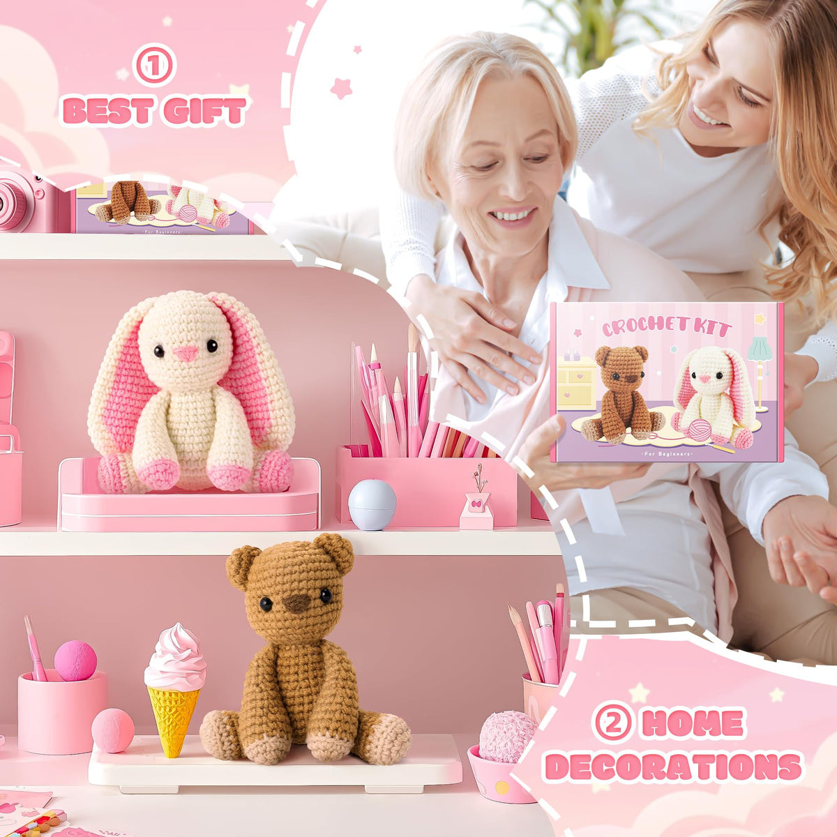 Bunny and Bear Crochet Kit for Beginners 2PCS Crochet Starter Kit for Adult