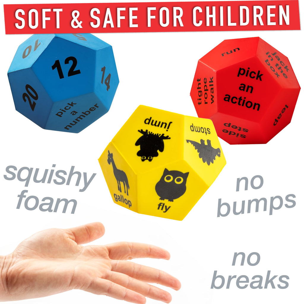 Exercise Dice Game – 3 Large 12-Sided Foam Movement Dice | Physical Education &amp; Gross Motor Activities