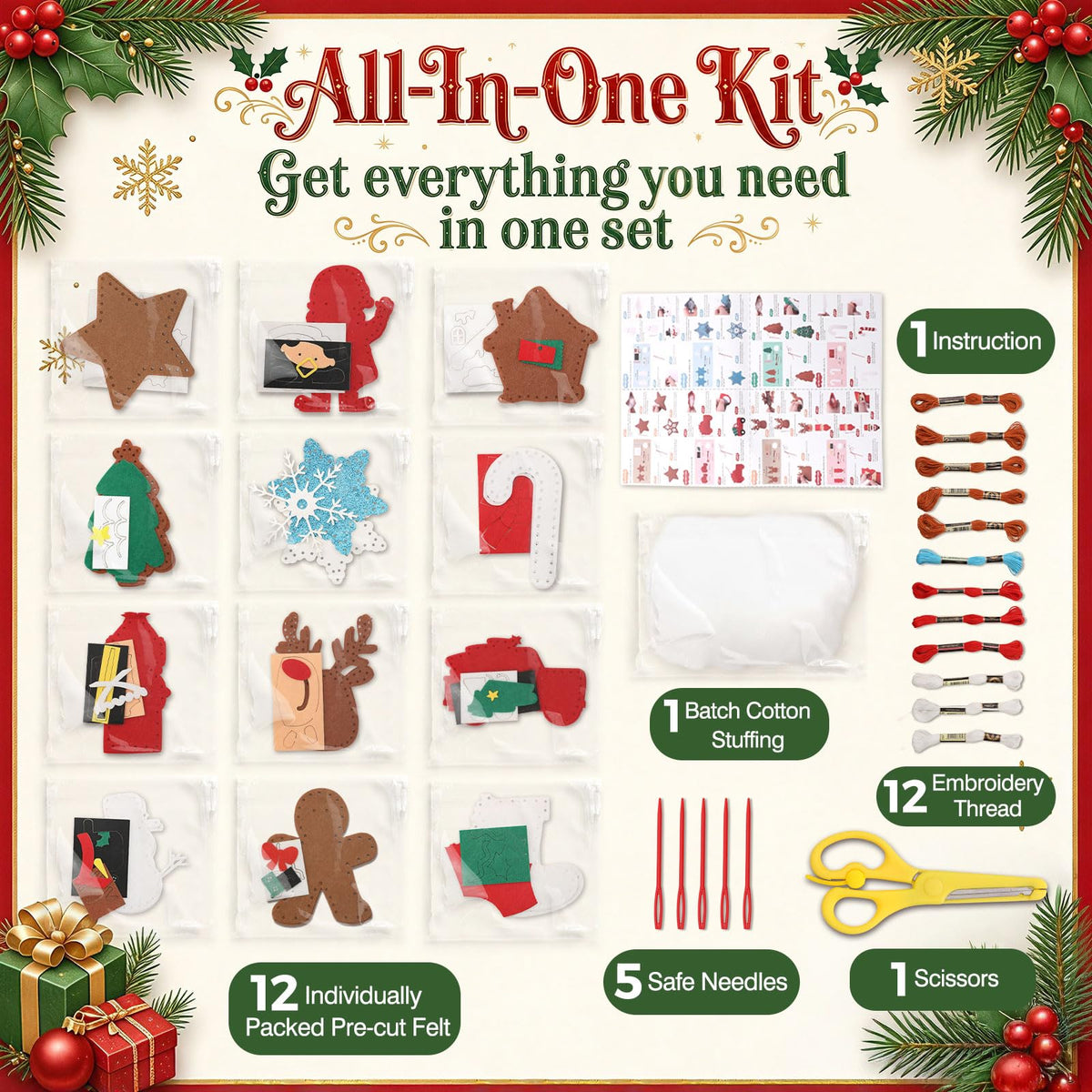 Christmas Sewing Kit for Kids – 12 DIY Felt Ornaments | Beginner Sewing