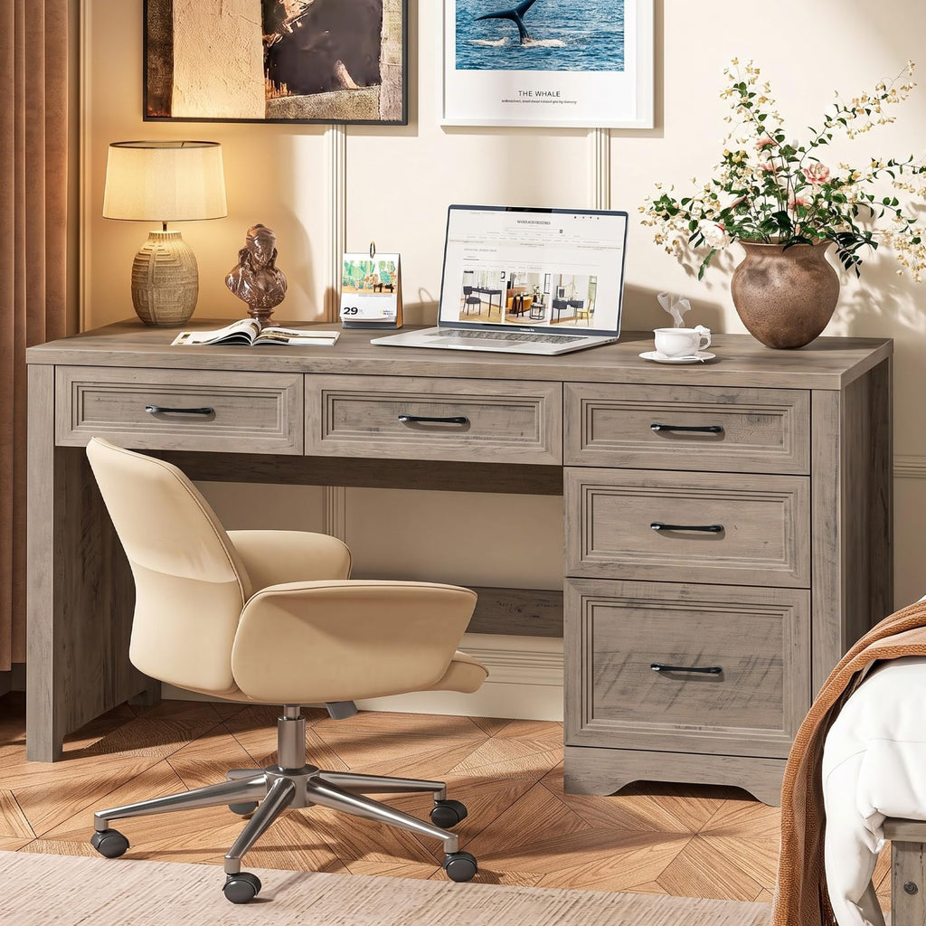 Vabches 55″ Farmhouse Desk with 5 Drawers, Pure Grey