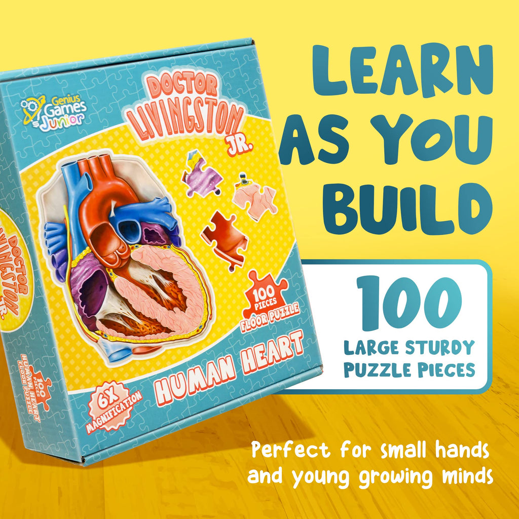 Human Heart Anatomy Floor Puzzle — Genius Games Doctor Livingston Jr Anatomy Toy - Kids Puzzles & Science Toys - Human Heart Model - 100 Piece Jigsaw Puzzles for Kids, Toddlers, Teens