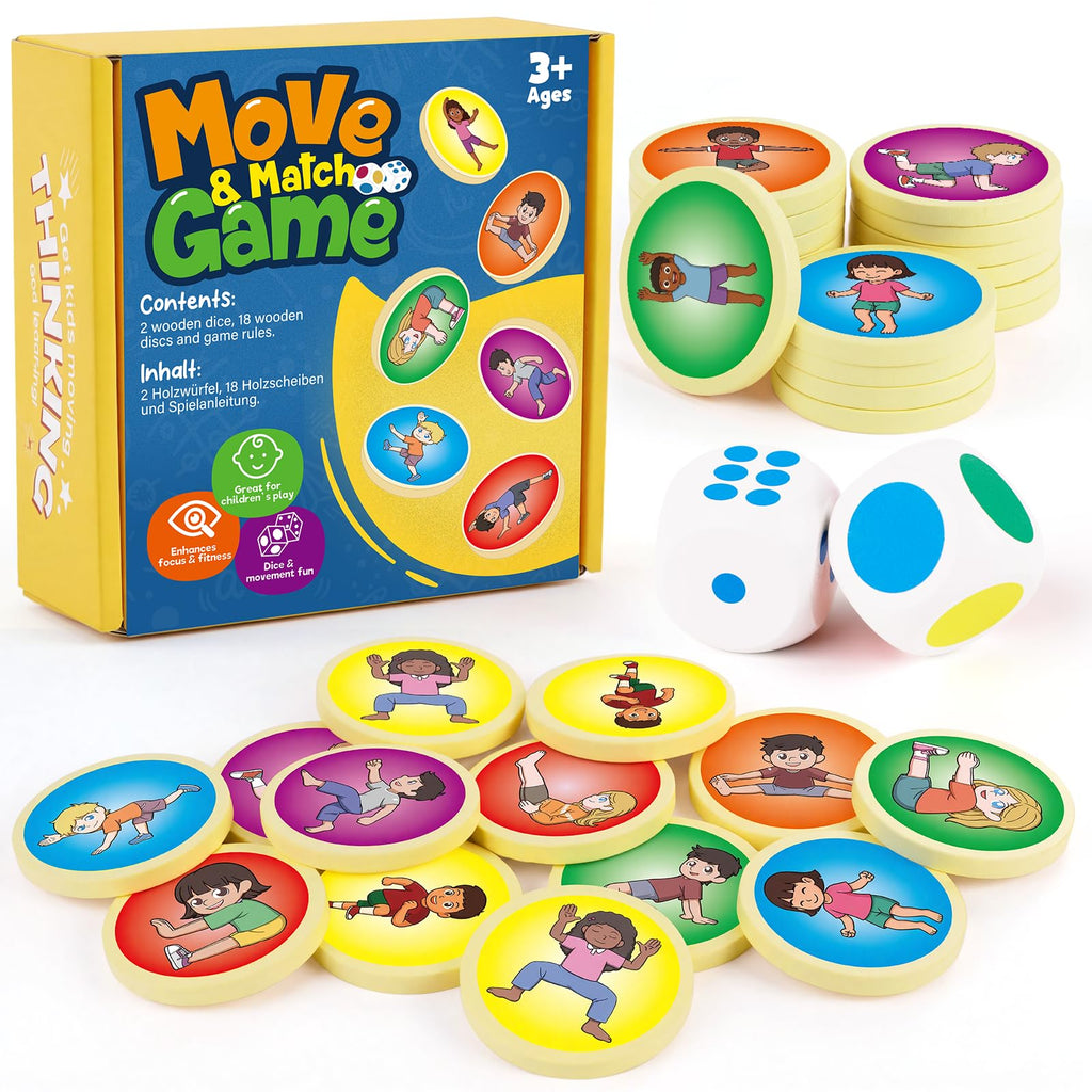 Movement Dice Game – 20-Piece Wooden Gross Motor Activity Set | Balance, Coordination, Physical Education