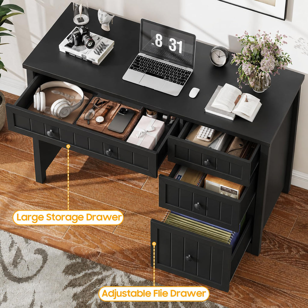 Vabches Farmhouse Desk with 4 Drawers, File Drawer, Wood Computer Desk, Pure Black