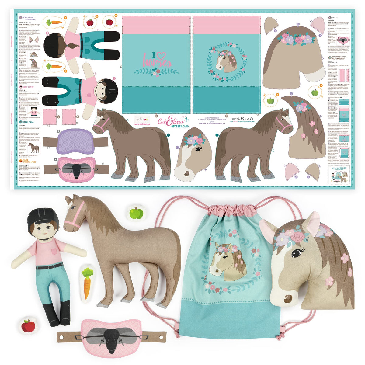 kullaloo Horse-Themed Fabric Panel Sewing Kit ✦ Cut & Sew DIY Project for Kids & Beginners ✦ Includes 8 Projects – Great for Girls, Boys, and Family Craft Time (Horse Love)