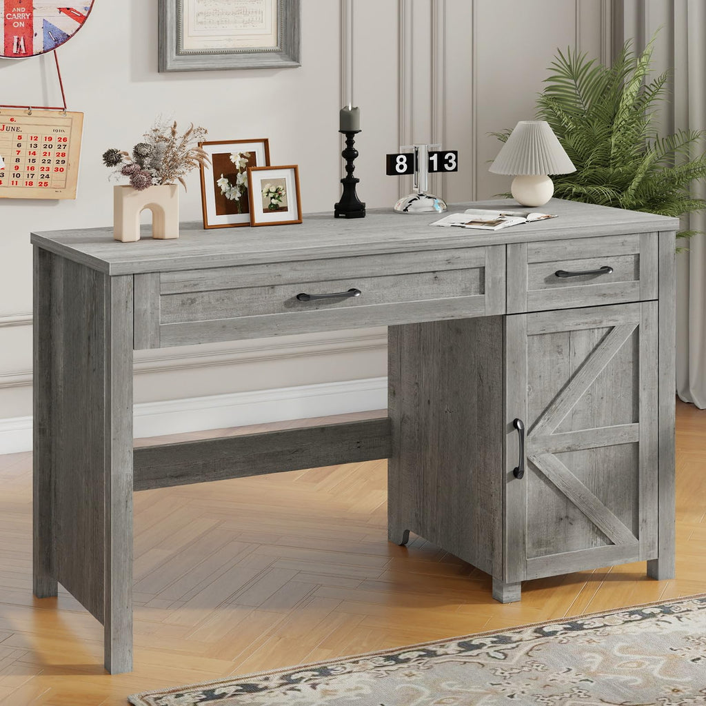 Farmhouse 47" Computer Desk with Drawers (Grey)