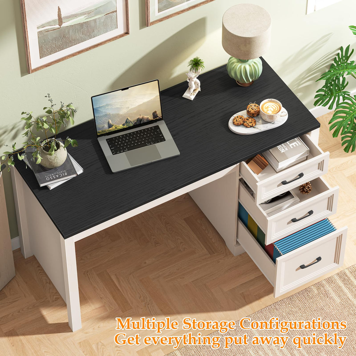 Farmhouse Desk with Drawers, File Drawer, Wood Black White