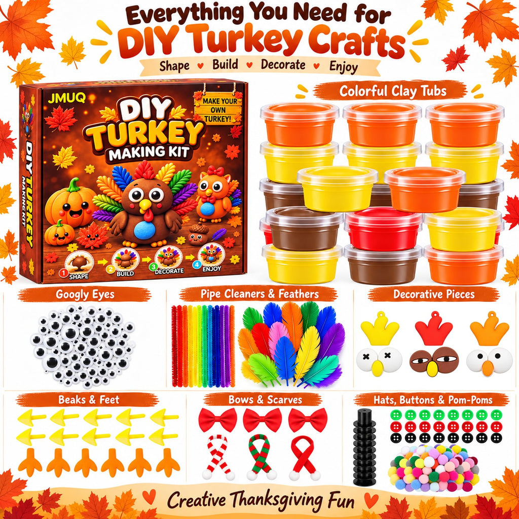 Thanksgiving Turkey Air-Dry Clay Craft Kit – 24 Colorful Clay Tubs with Decorative Accessories