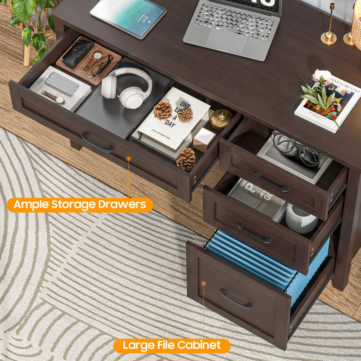 Vabches Farmhouse 47" Computer Desk with Charging Station, File Drawer, Walnut
