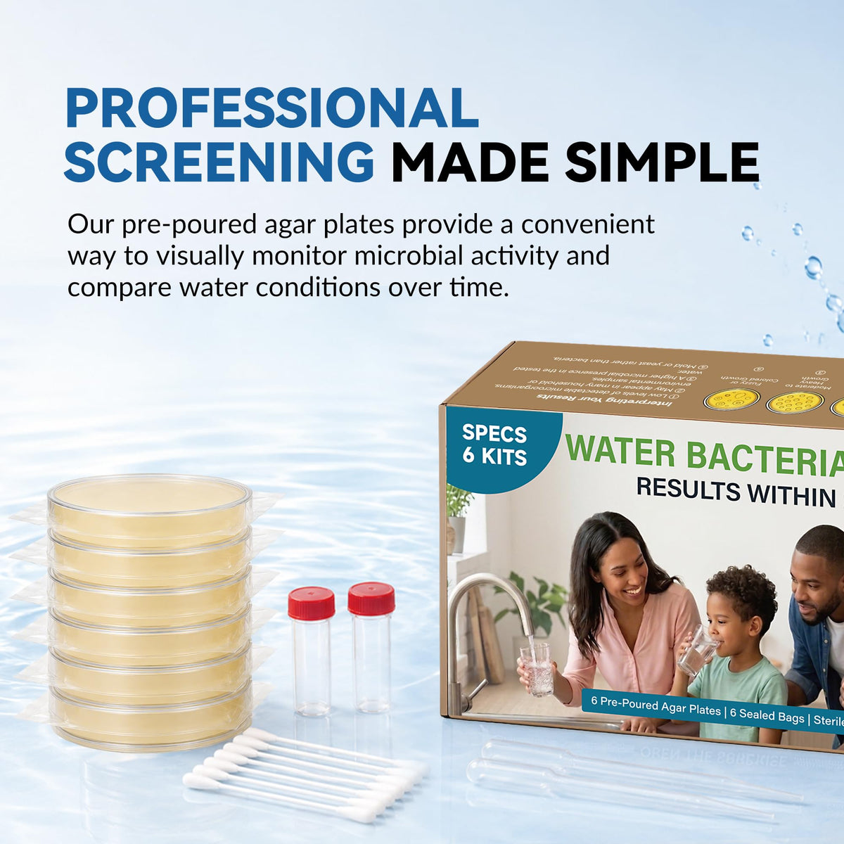 Water Bacteria Test Kit - 6 Pack Pre-Poured Agar Plates with Sterile Swabs