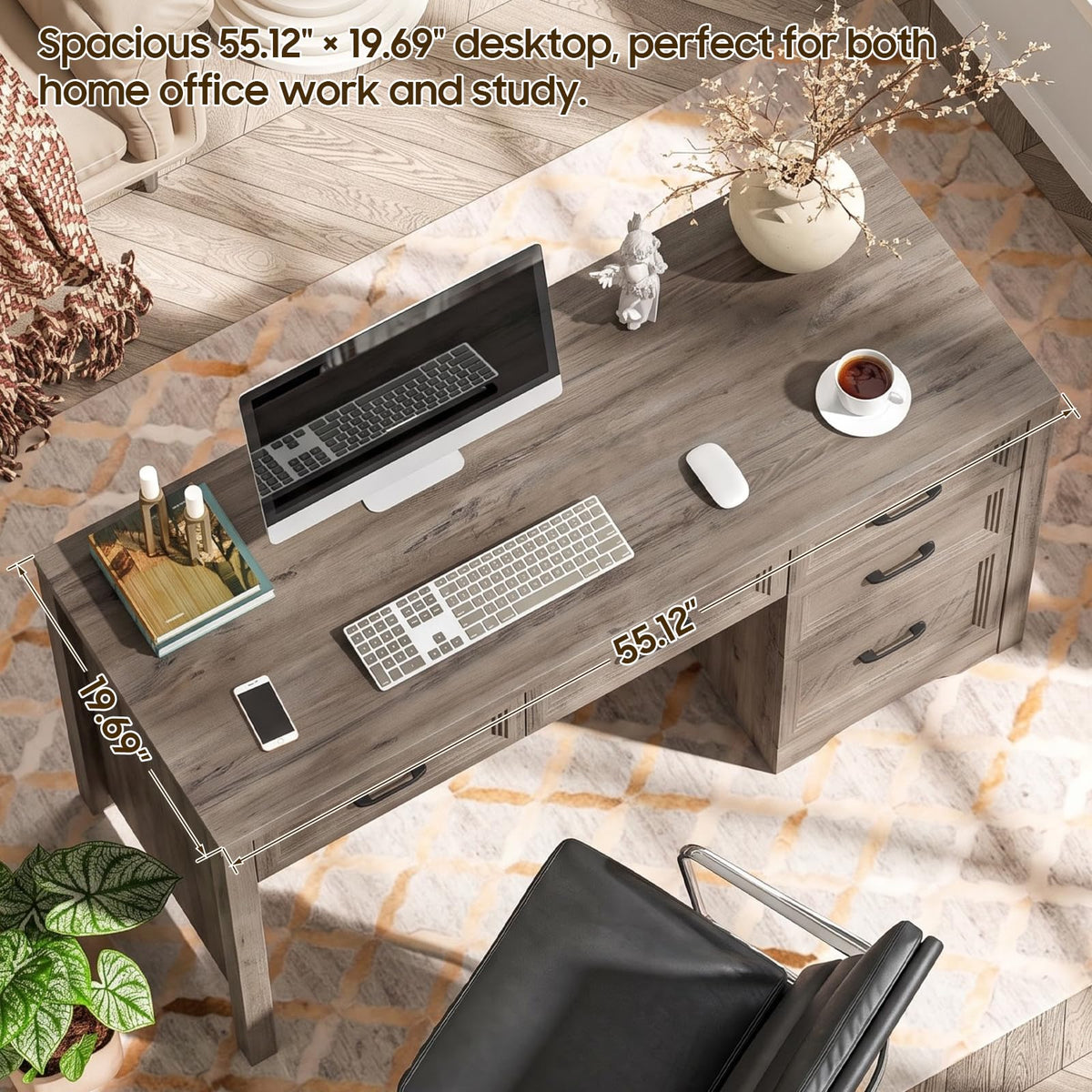 Vabches 55″ Farmhouse Desk with 5 Drawers, Pure Grey
