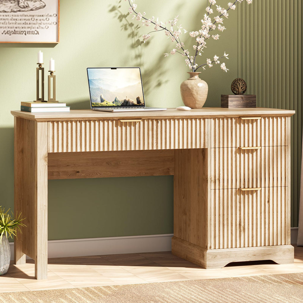 Vabches Fluted Executive Desk with File Drawer, Oak