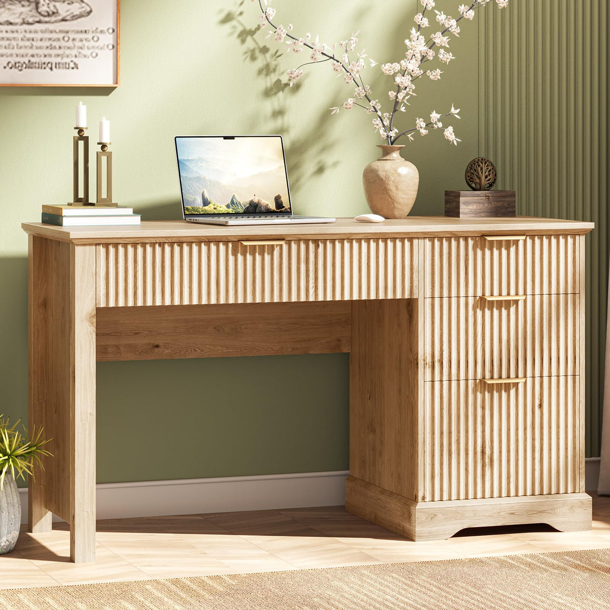 Vabches Fluted Executive Desk with File Drawer, Oak