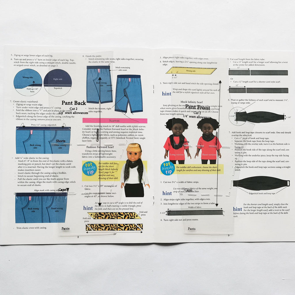Learn to Sew Quick Trace Doll Fashions Templates for 18" Dolls with 5pcs Quilting Rulers and Sewing Instruction
