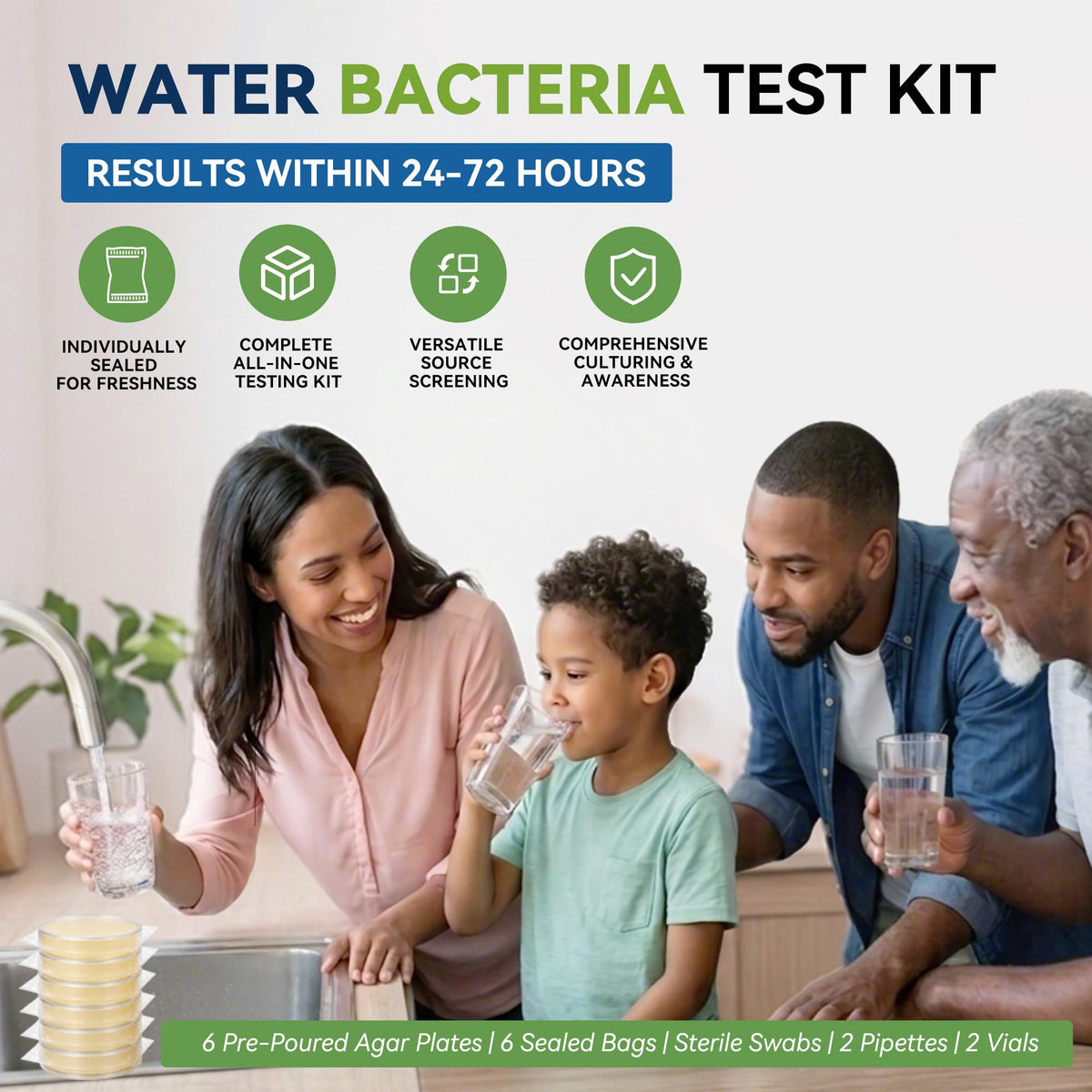 Water Bacteria Test Kit - 6 Pack Pre-Poured Agar Plates with Sterile Swabs