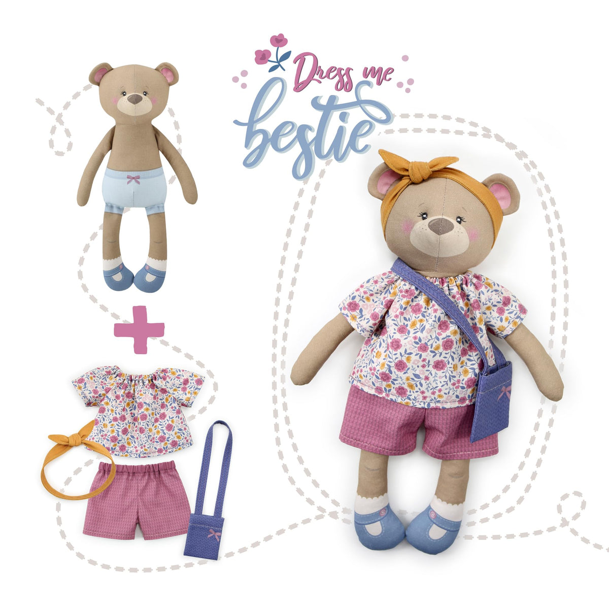 kullaloo – Cut & Sew Fabric Panel – Pre-Printed Patterns on Cotton Fabric – Rag Doll Sewing Kit with Clothes – Betsy Bear Doll Sewing Pattern – incl. Video Instructions