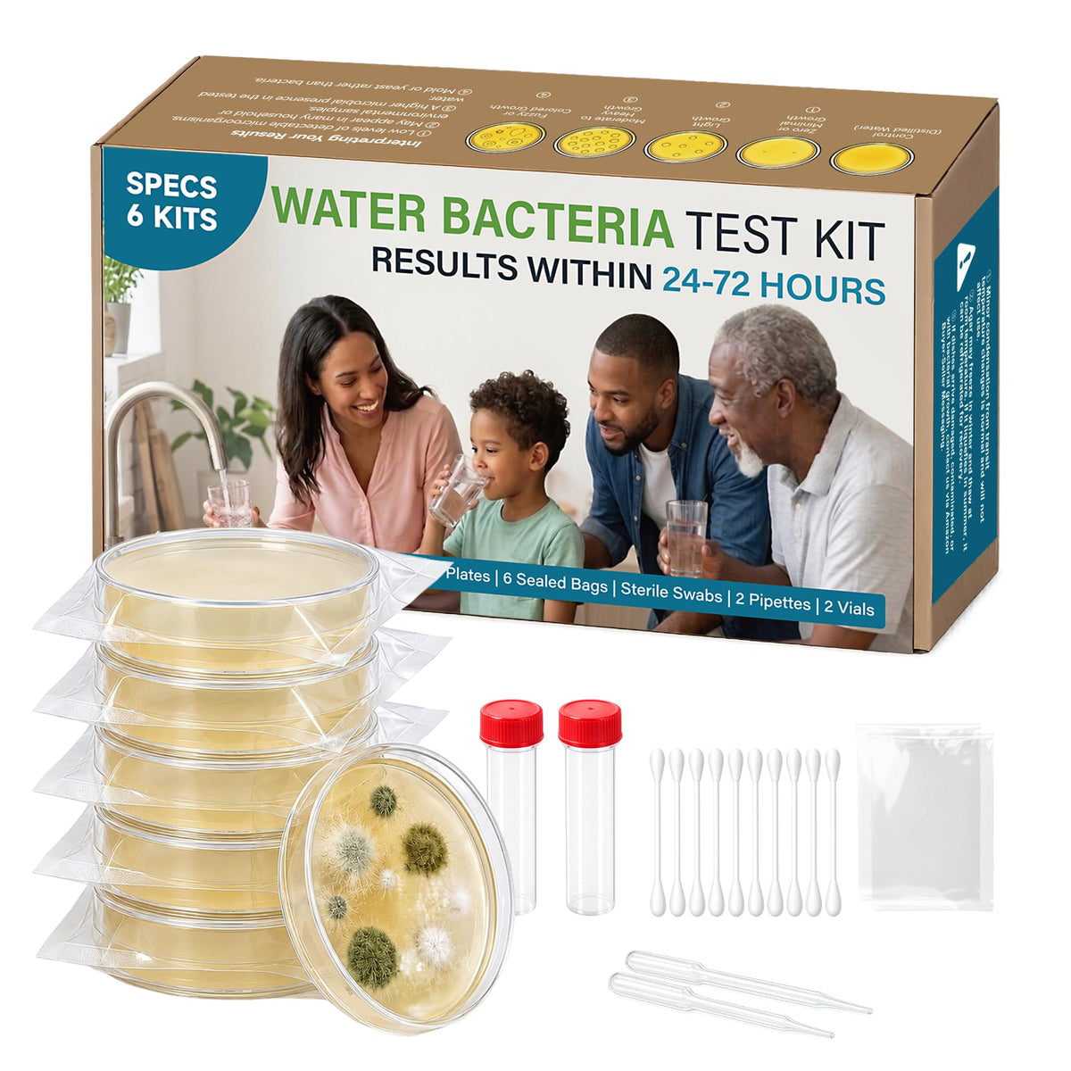 Water Bacteria Test Kit - 6 Pack Pre-Poured Agar Plates with Sterile Swabs