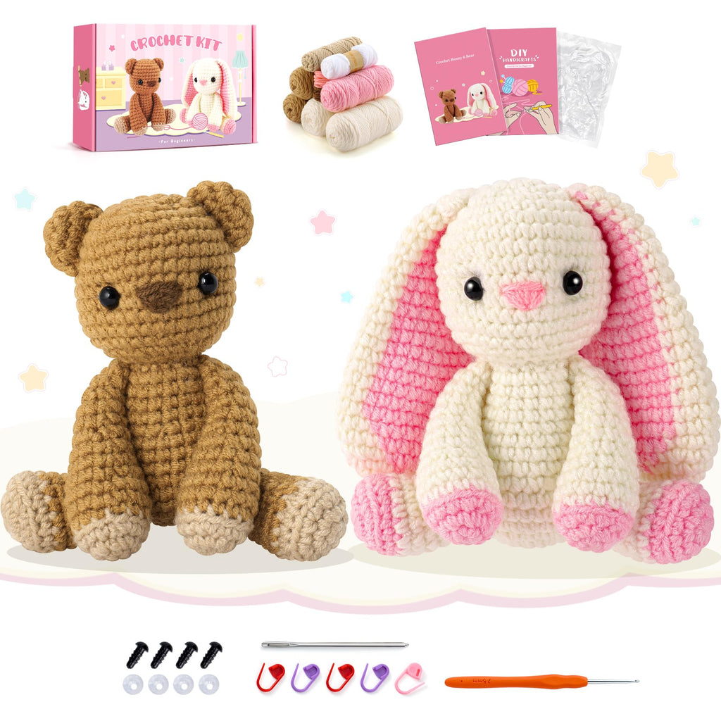 Bunny and Bear Crochet Kit for Beginners 2PCS Crochet Starter Kit for Adult