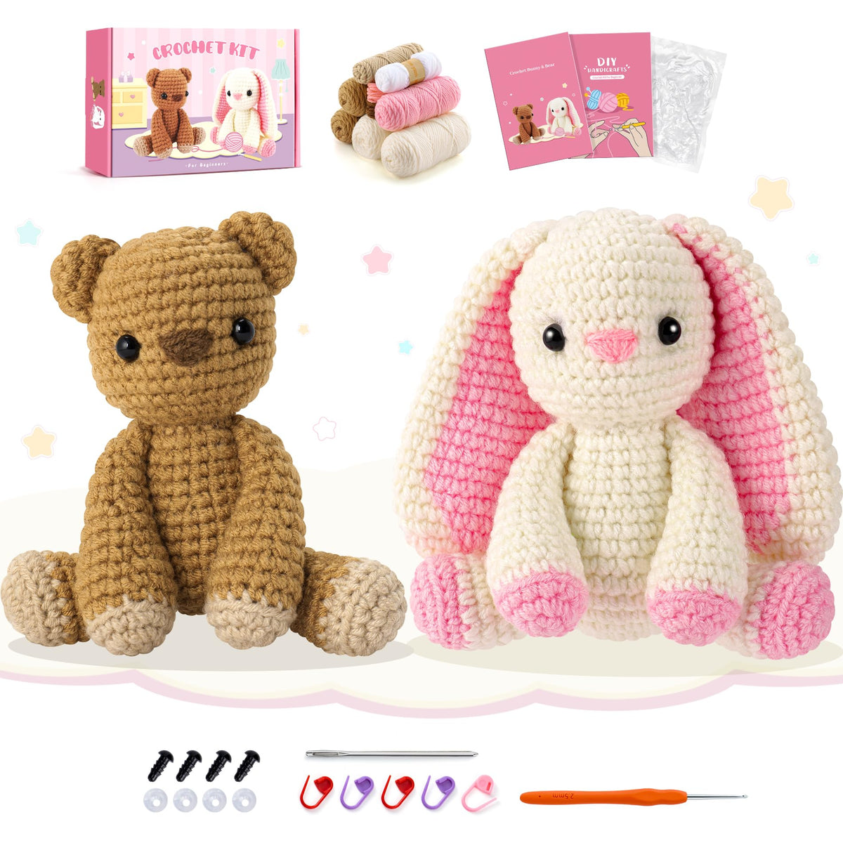 Bunny and Bear Crochet Kit for Beginners 2PCS Crochet Starter Kit for Adult
