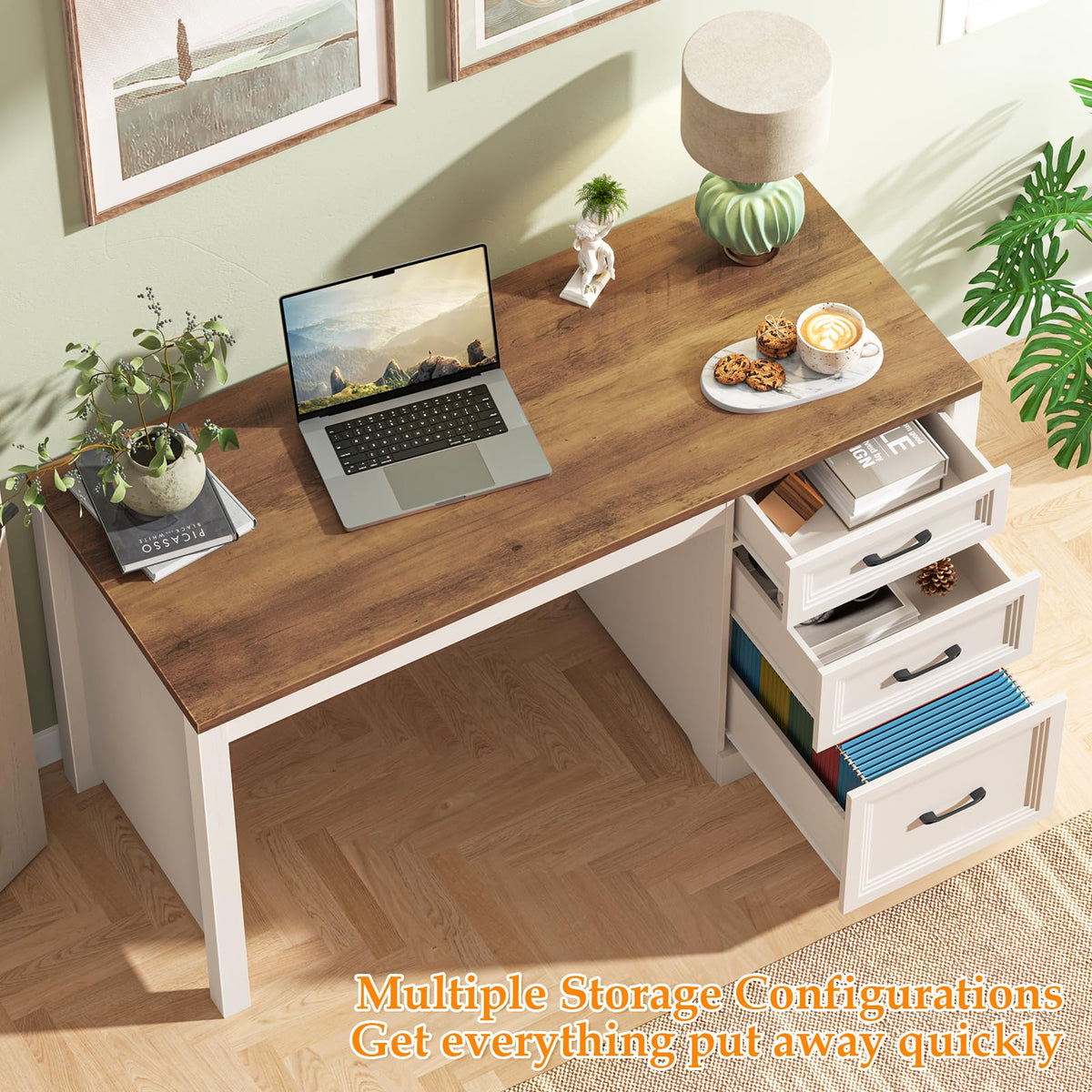 Farmhouse Executive Desk with Drawers, File Drawer, Wood, Brown White