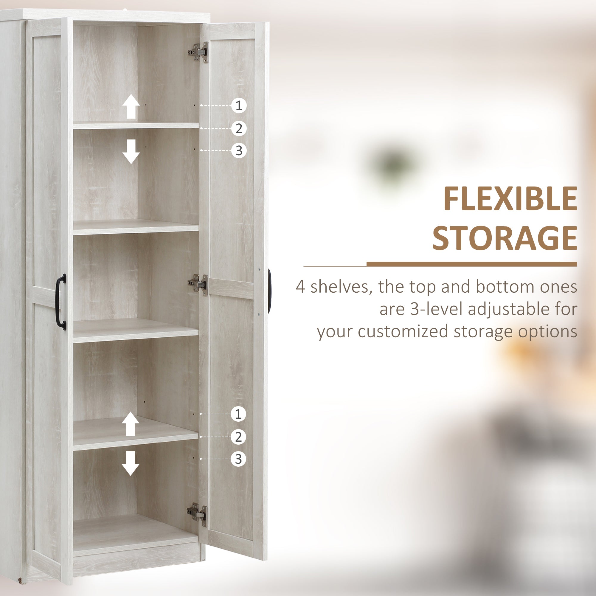 63" Storage Cabinet with 5-tier Shelving and 2 Adjustable Shelves, Antique White